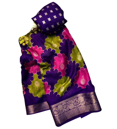 Generic Women's Dola Silk Kalamkari Floral Printed Saree With Unstitched Blouse - 5.5 Mtr (Multicolor) - Design 5