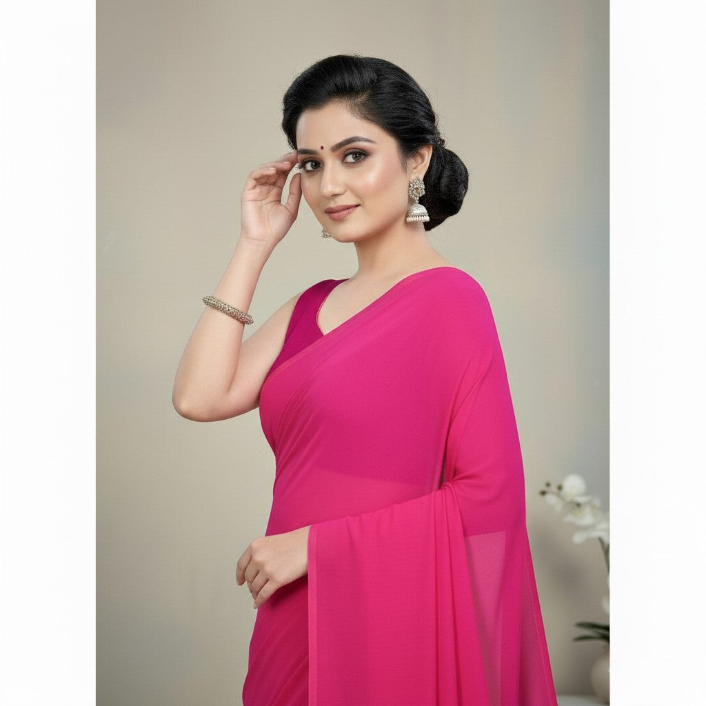 Georgette Plain Saree with Blouse — Pink (5-6m)