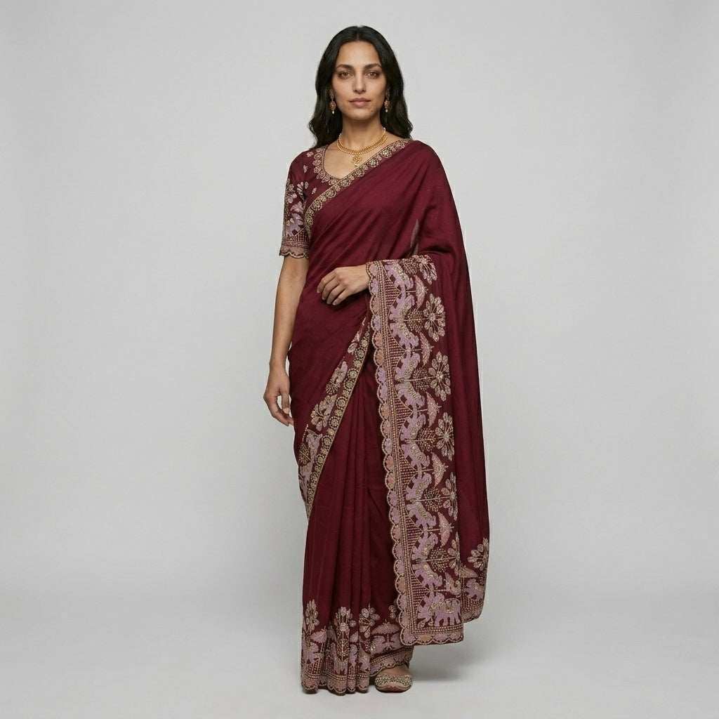 Generic Women's Art Silk Embroidered Saree With Unstitched Blouse 5.5Mtr (Maroon) — On Model - Accessories Focus | Generated by Modelize