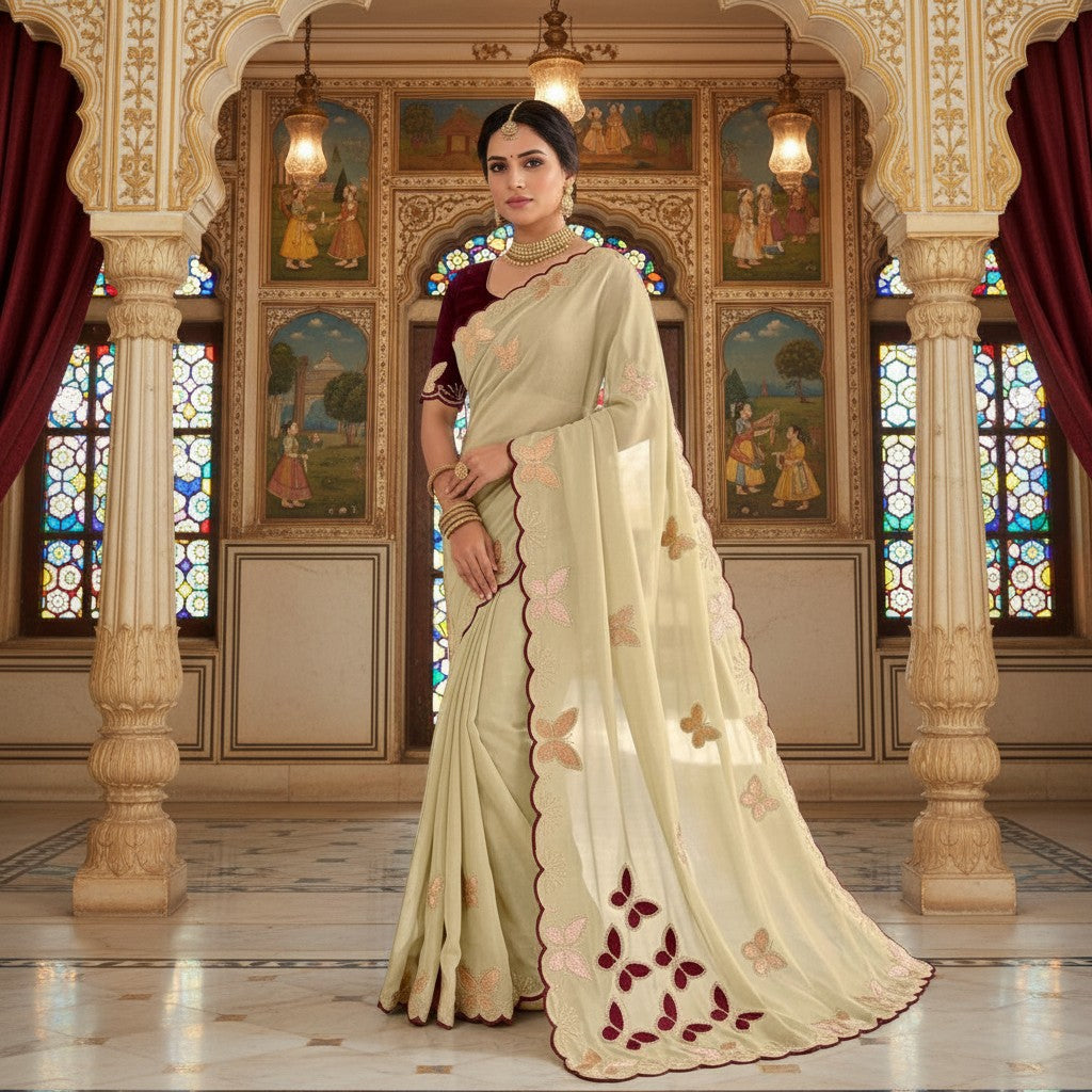 Shafusion beige and maroon star georgette saree with intricate floral embellishments and an unstitched blouse