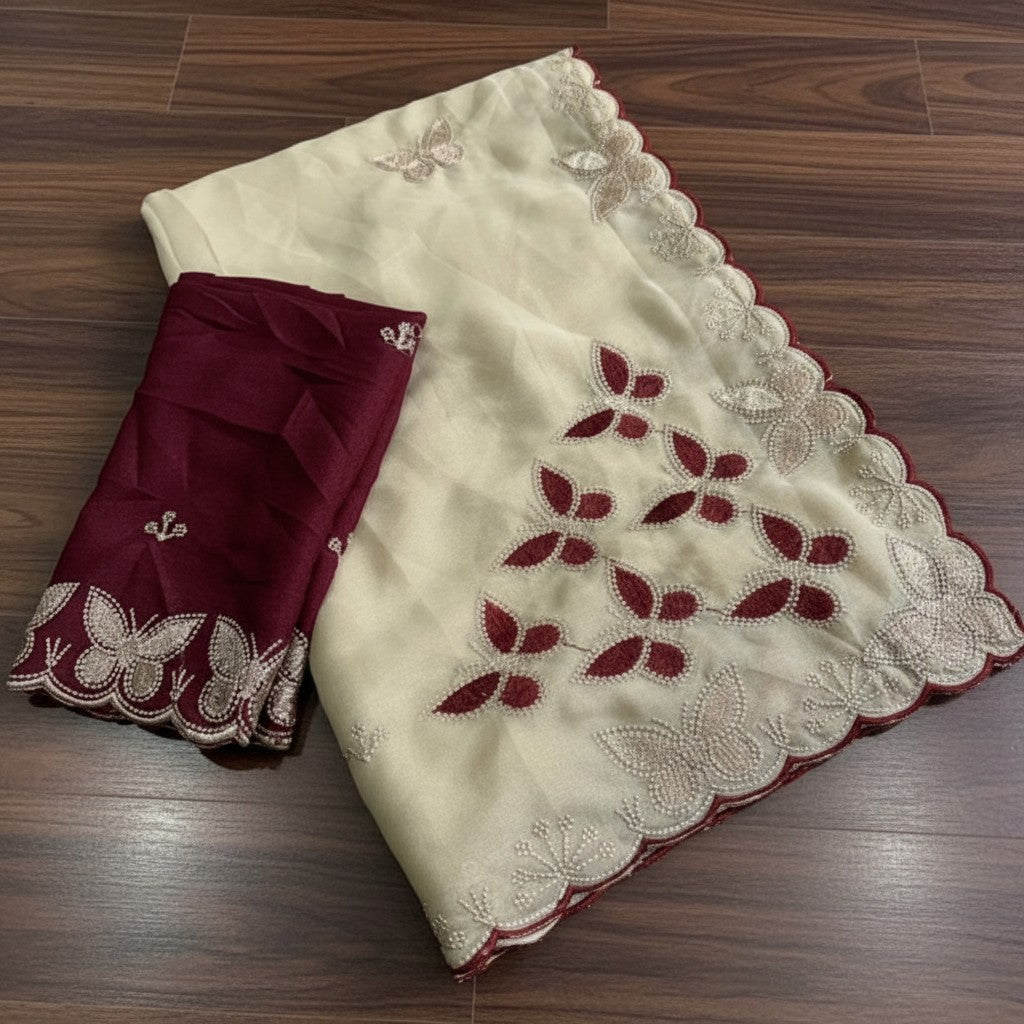 Shafusion beige and maroon star georgette saree with intricate floral embroidery and scalloped border