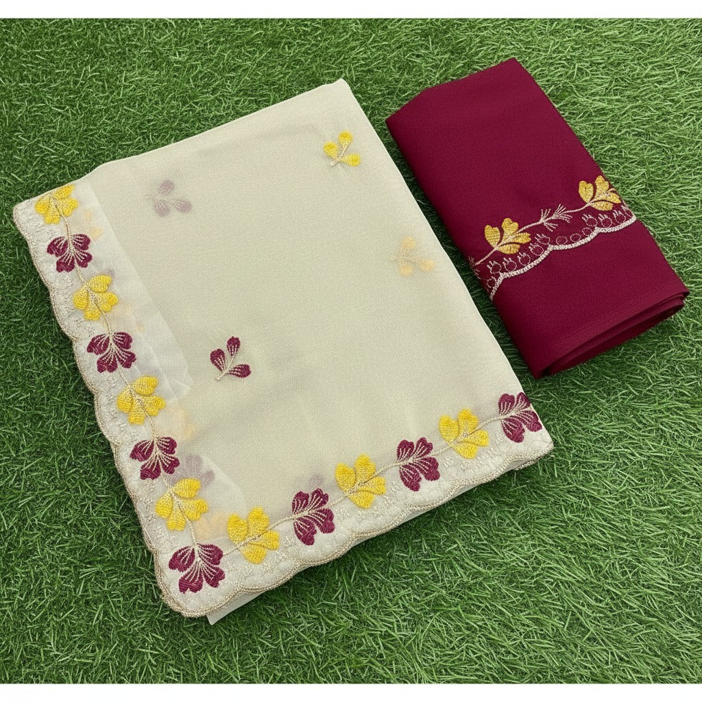 Shafusion beige georgette saree with red embroidered floral border and matching unstitched red blouse piece