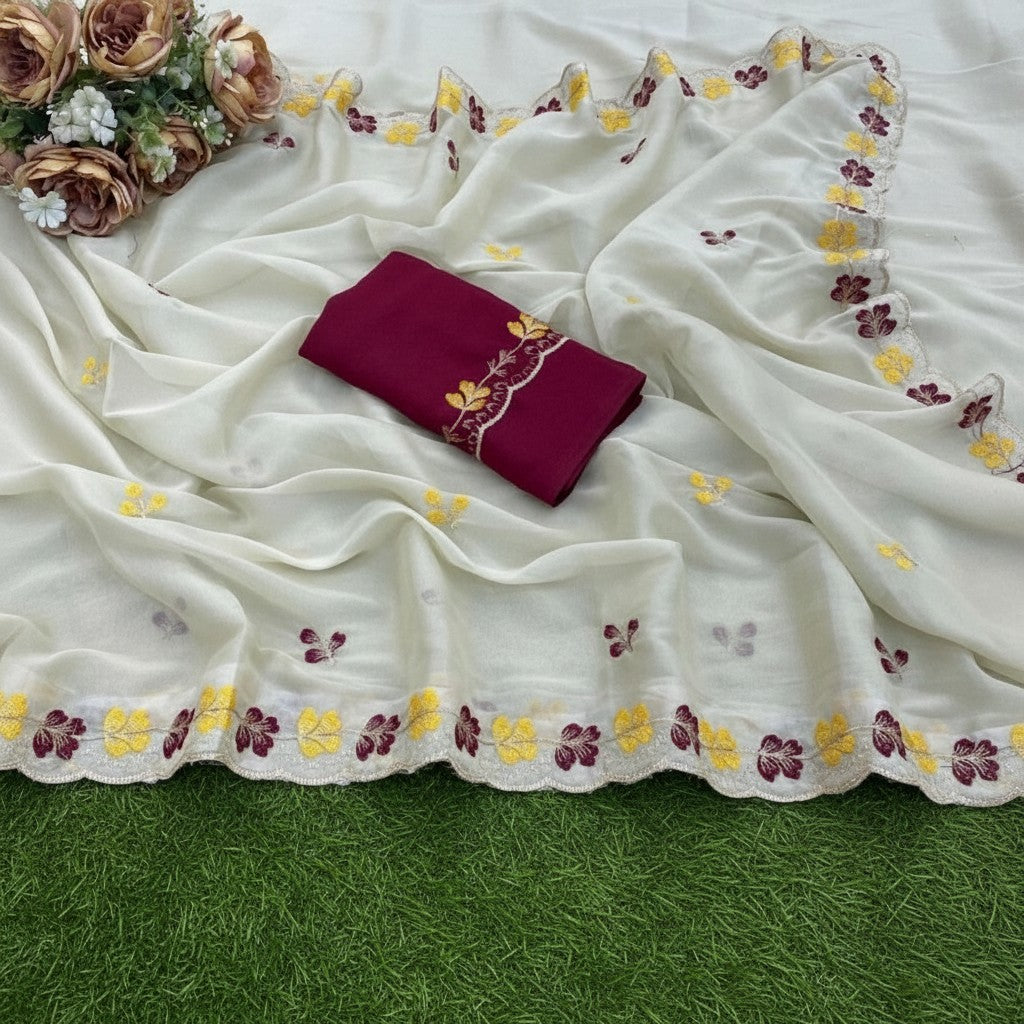 Shafusion beige star georgette saree with red and yellow floral embroidery and a matching unstitched blouse piece.