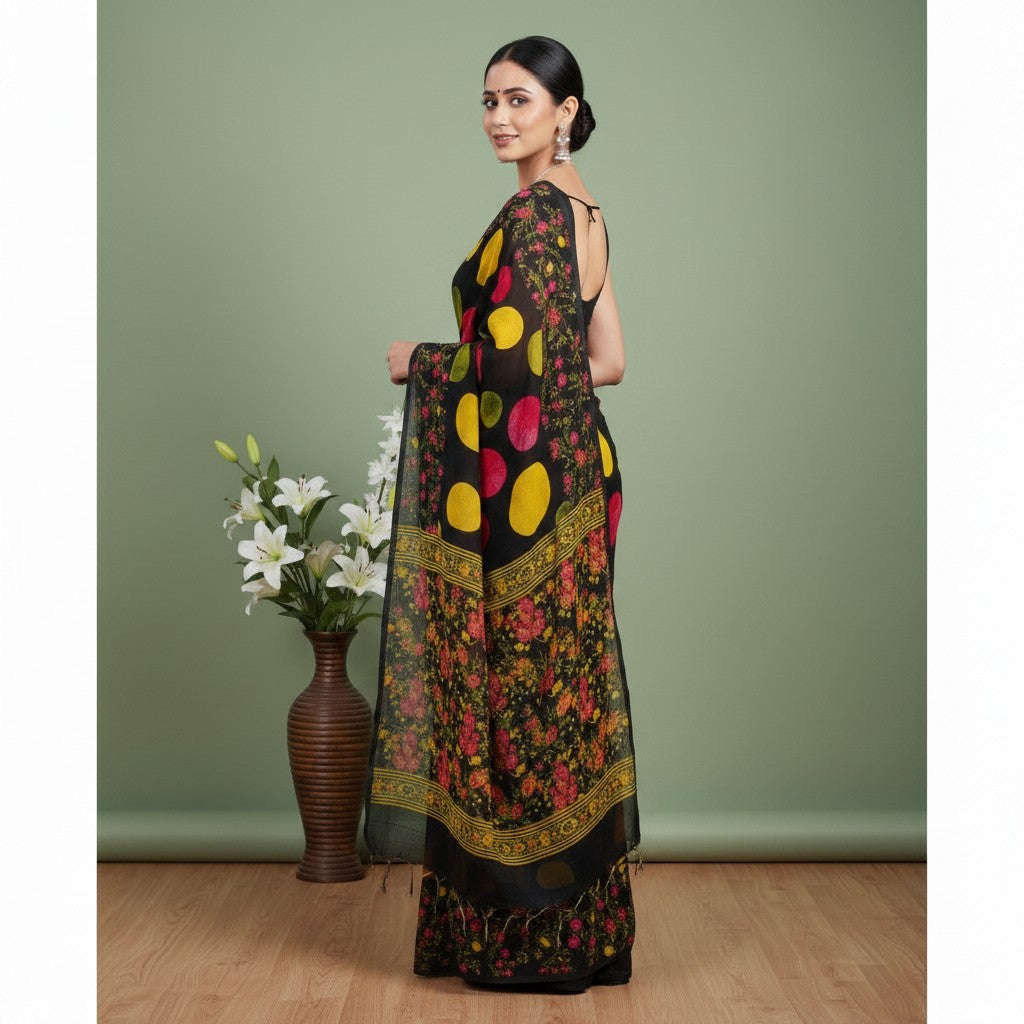 Shafusion black georgette saree with vibrant yellow and pink polka dots and floral border worn by a model