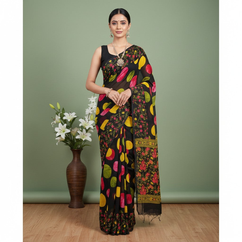 Shafusion black georgette saree with vibrant floral and polka dot prints, worn by a model with traditional jewelry.