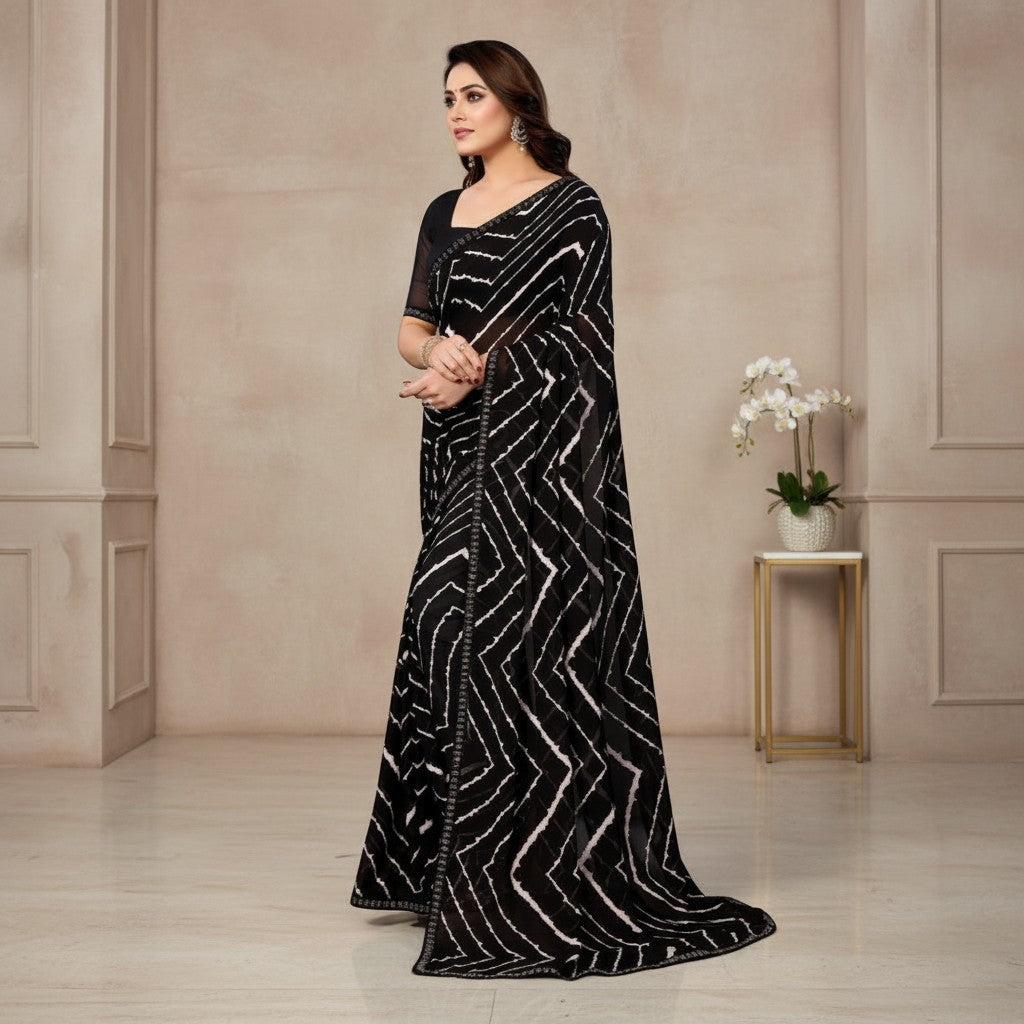 Shafusion black georgette saree with white geometric print and unstitched blouse worn by a model in a studio