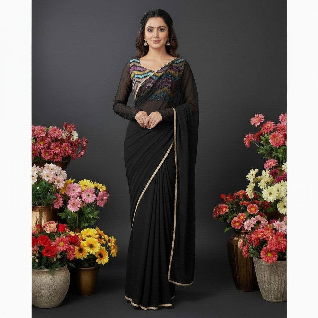 Shafusion black fox georgette saree with a multi-colored chevron sequin blouse, worn by a model among flower pots.