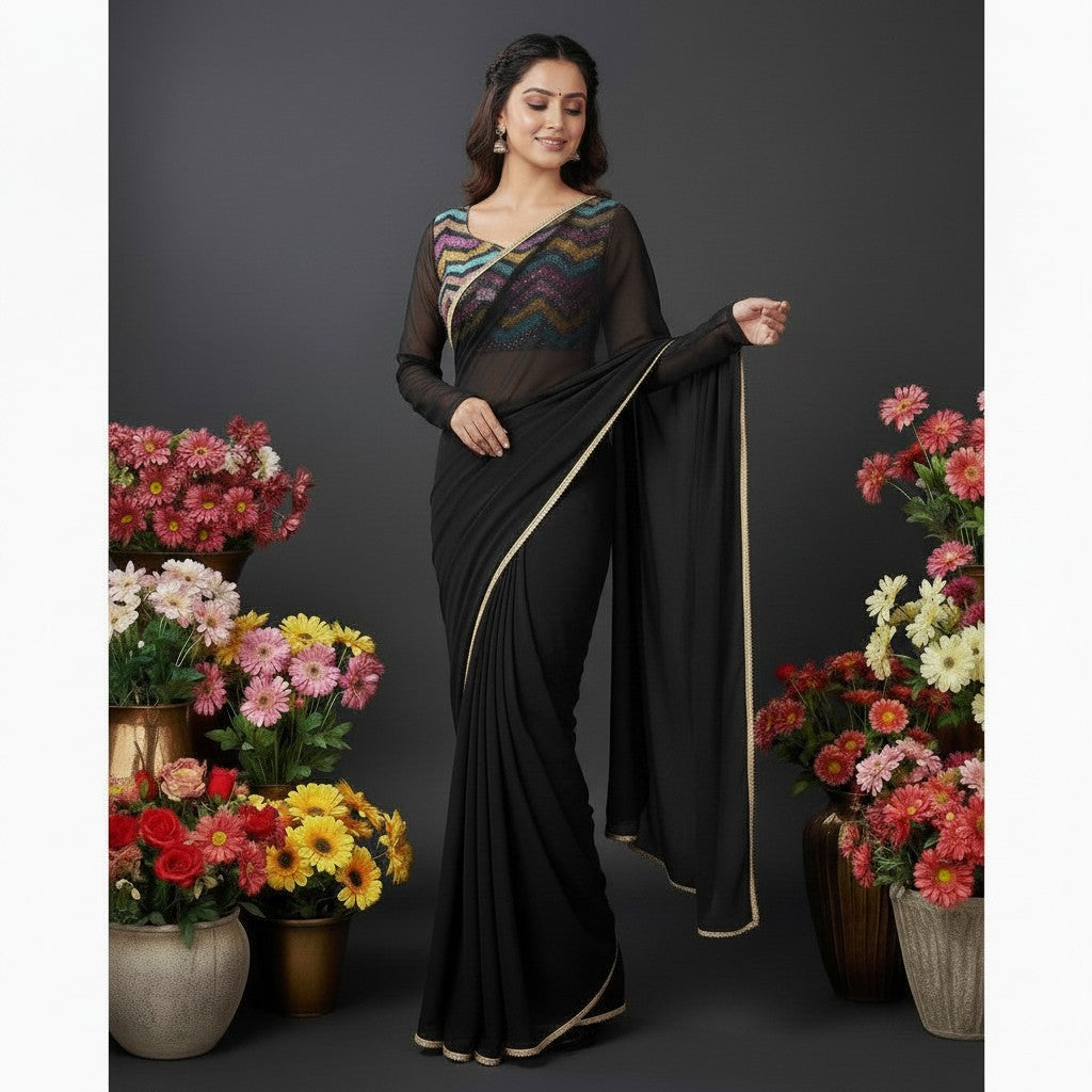 Shafusion black fox georgette saree with a multicoloured chevron pattern blouse, worn by a model among flower pots.