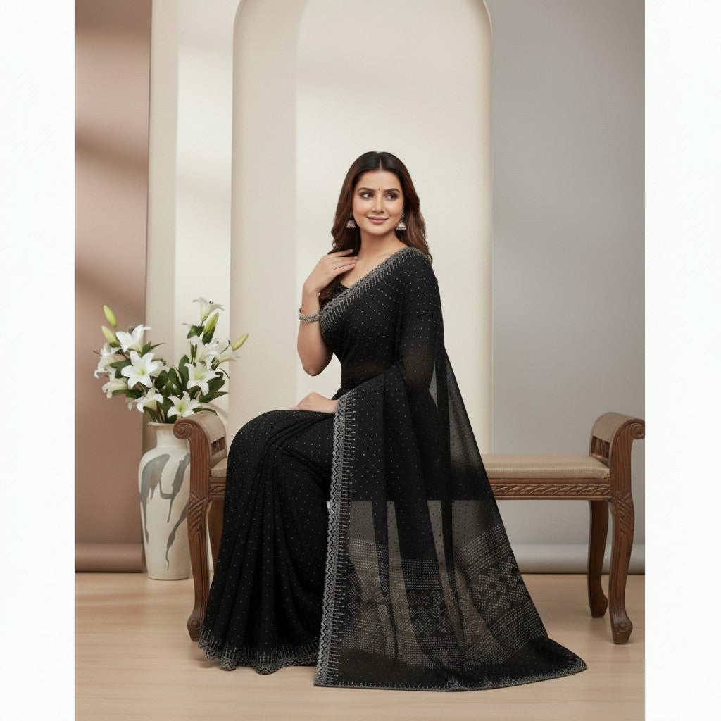 Shafusion black georgette saree featuring intricate stone work and a decorative border, worn by a model on a bench.