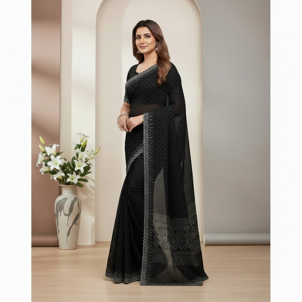Shafusion black georgette saree featuring intricate stone work and an unstitched blouse worn by a model
