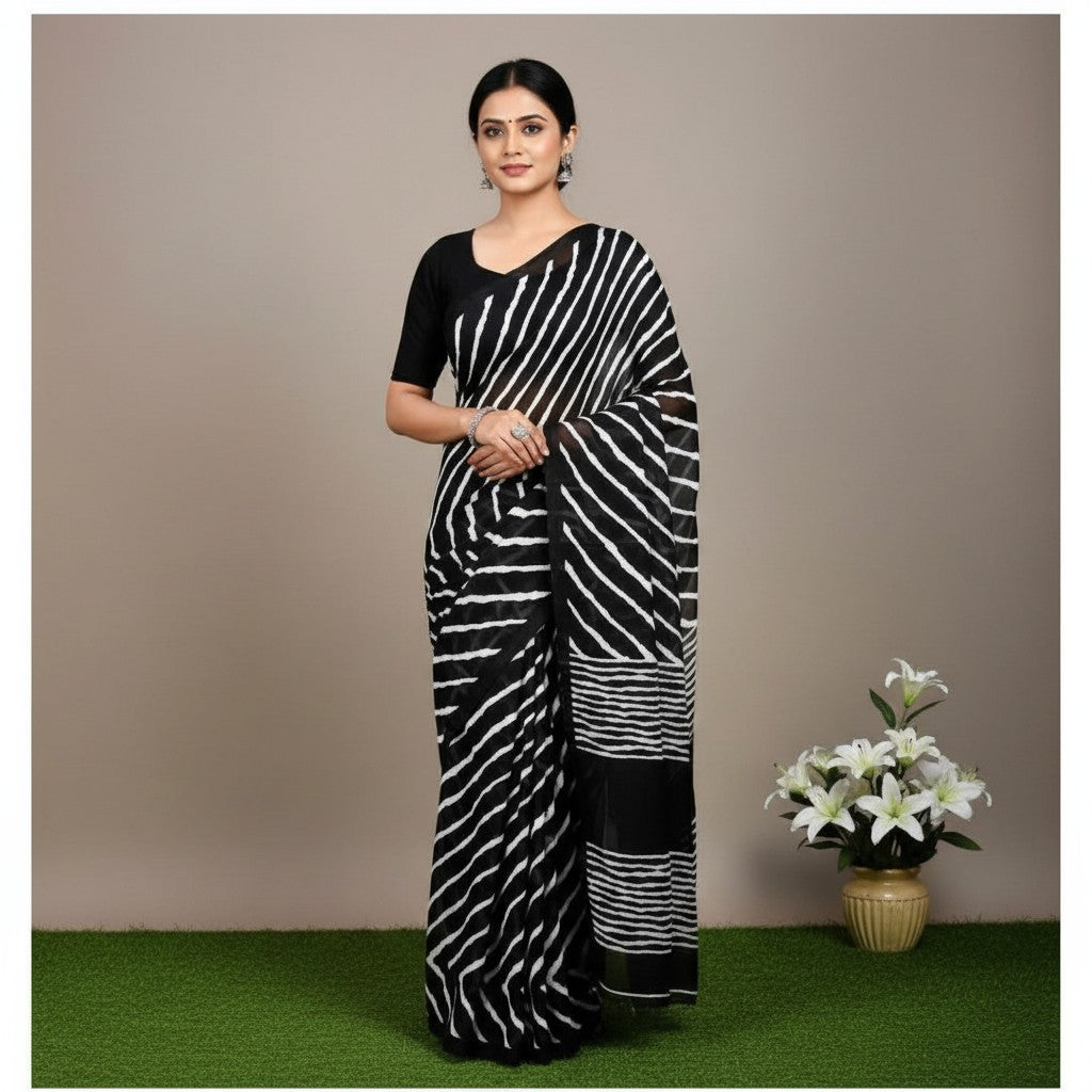 Shafusion black georgette saree with white horizontal stripes and unstitched blouse worn by a model
