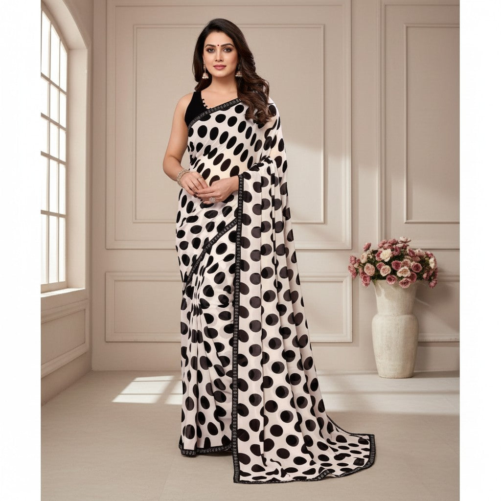 Shafusion black and white polka dot georgette saree with unstitched blouse worn by a model in a studio setting