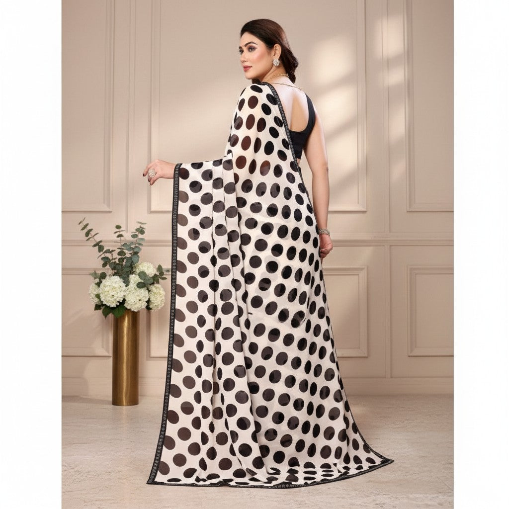 Shafusion black and white polka dot georgette saree with unstitched blouse worn by a model in a studio setting