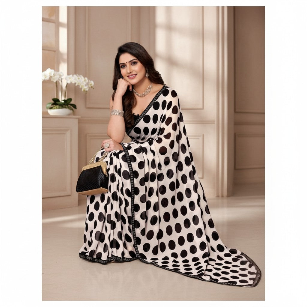 Shafusion black and white polka dot georgette saree with unstitched blouse worn by a woman in a studio setting