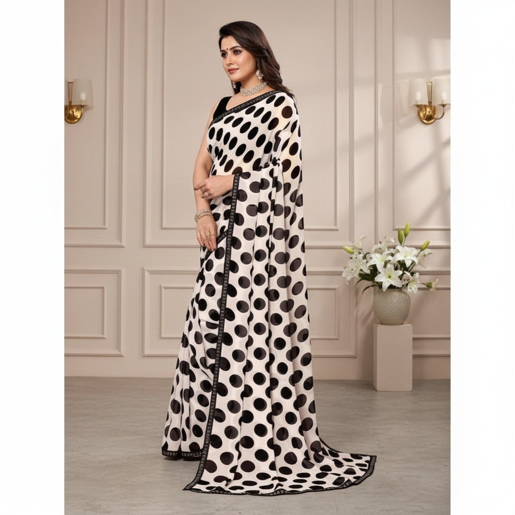 Shafusion black and white polka dot georgette saree with unstitched blouse worn by a model in a studio setting