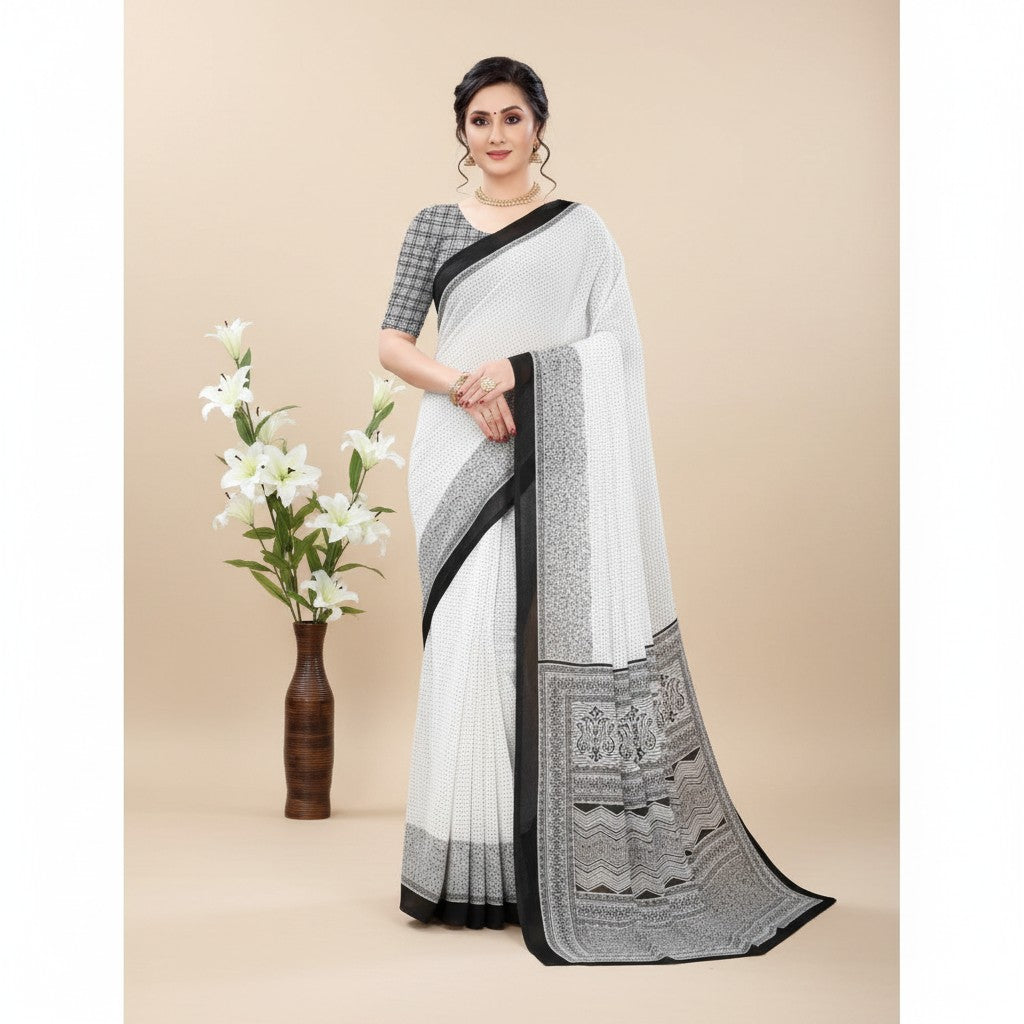 Shafusion women's black and white printed georgette saree with unstitched blouse worn by a model in a studio.