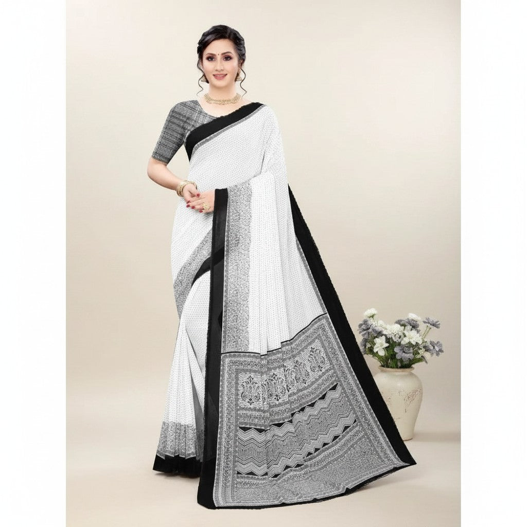 Shafusion women's black and white printed georgette saree with matching unstitched blouse piece