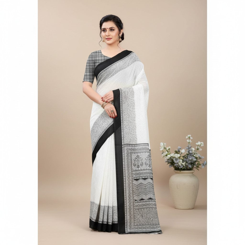 Shafusion black and white printed georgette saree with matching unstitched blouse worn by a model