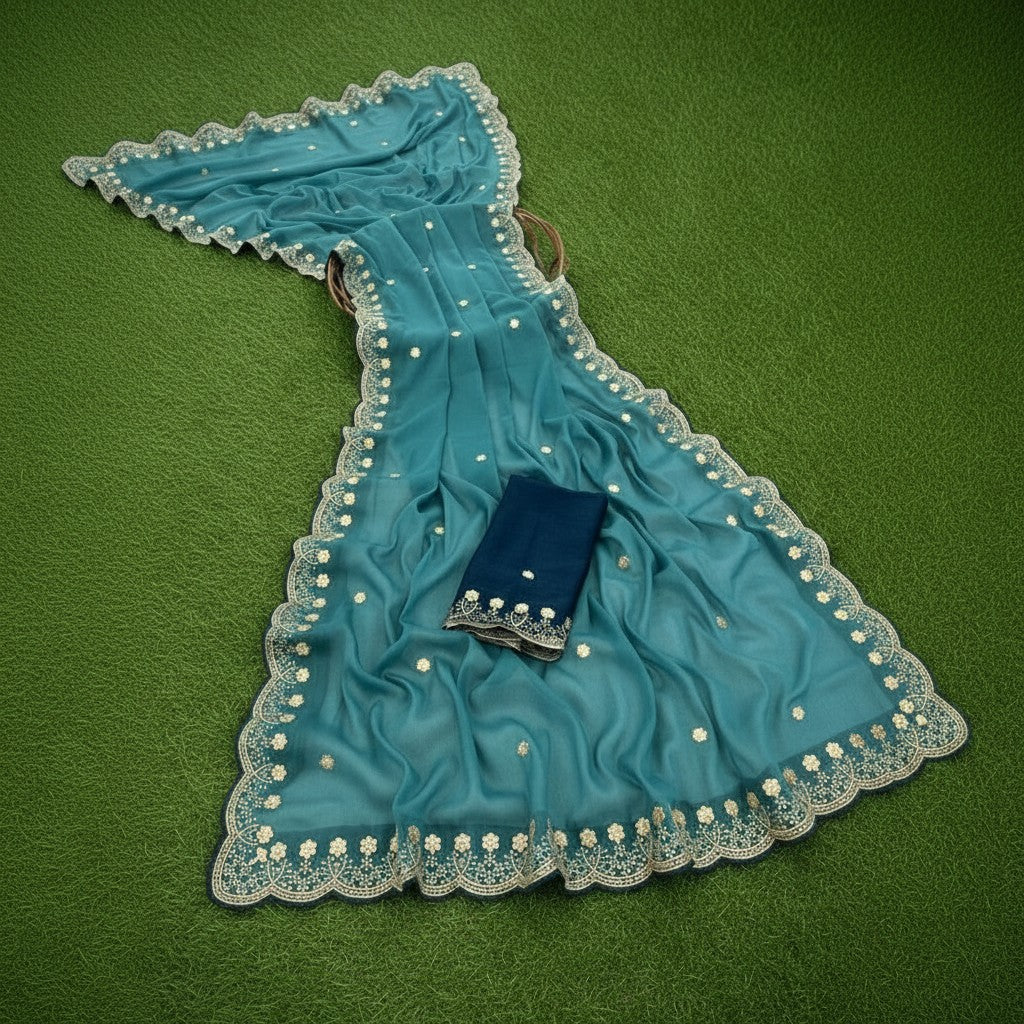 Shafusion blue star georgette saree with intricate gold embroidery and matching unstitched blouse piece