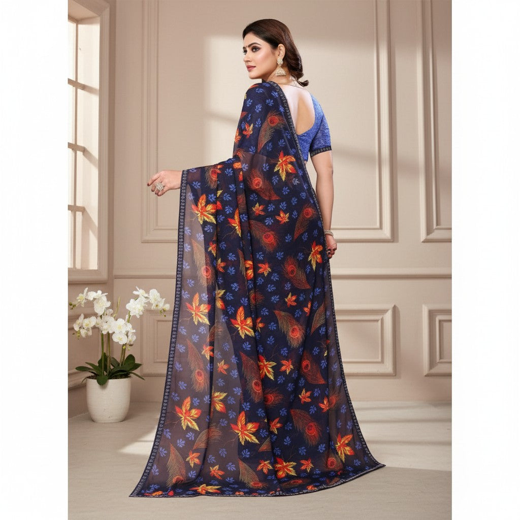 Shafusion blue georgette saree with vibrant floral and peacock feather print, worn by a model in a studio setting.