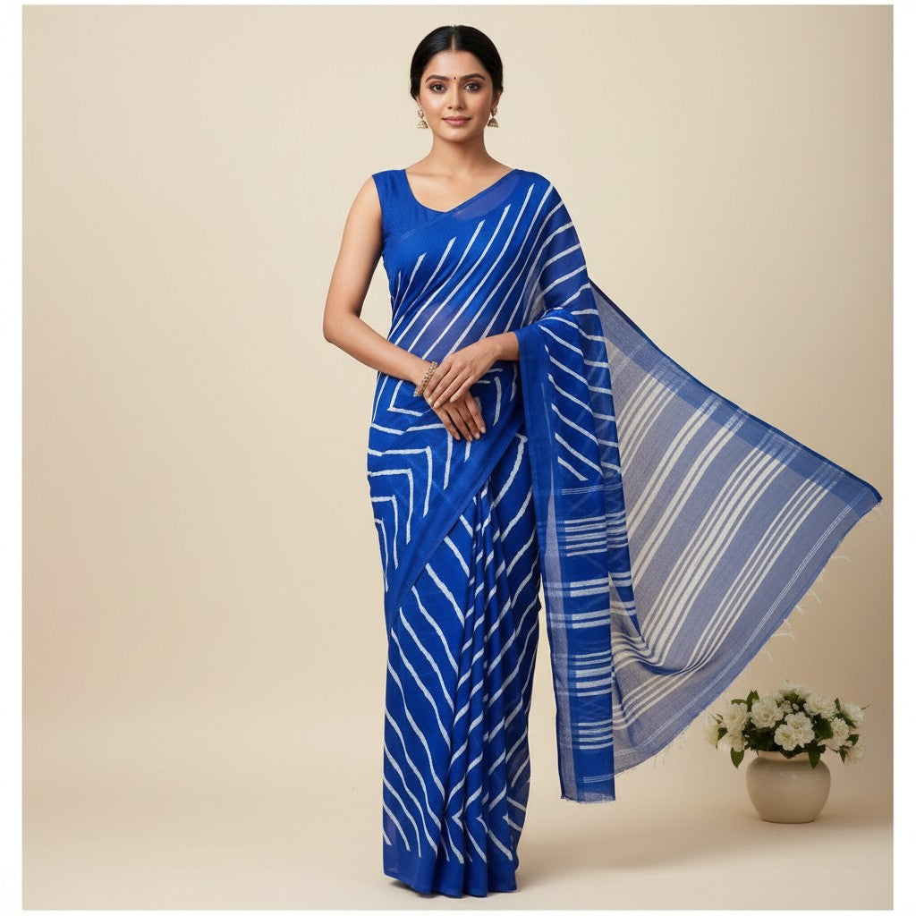 Shafusion blue georgette saree with white diagonal stripe print and matching unstitched blouse worn by a model.