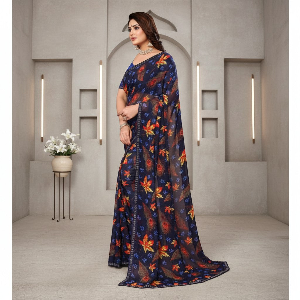 Shafusion blue georgette saree with vibrant orange and yellow feather print and unstitched blouse