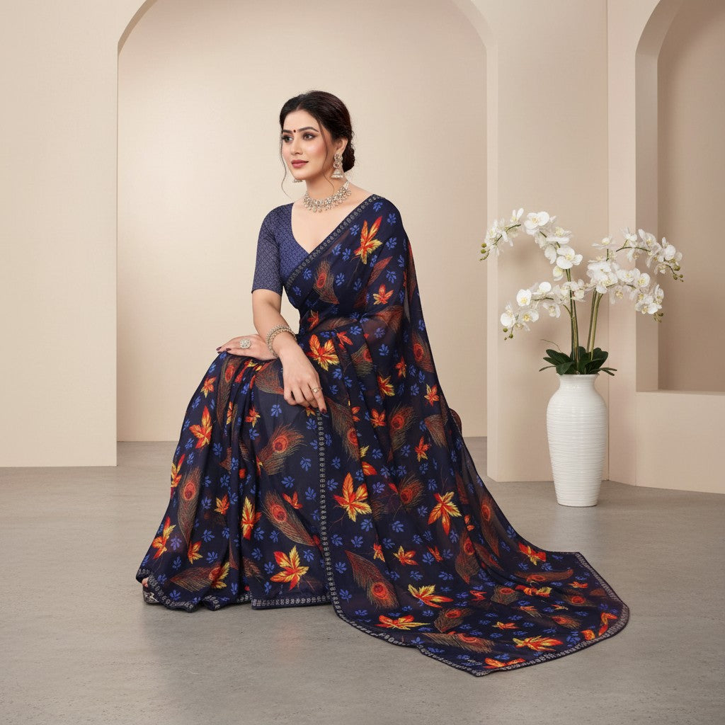 Shafusion blue georgette saree with vibrant peacock feather and leaf print, paired with a matching unstitched blouse.