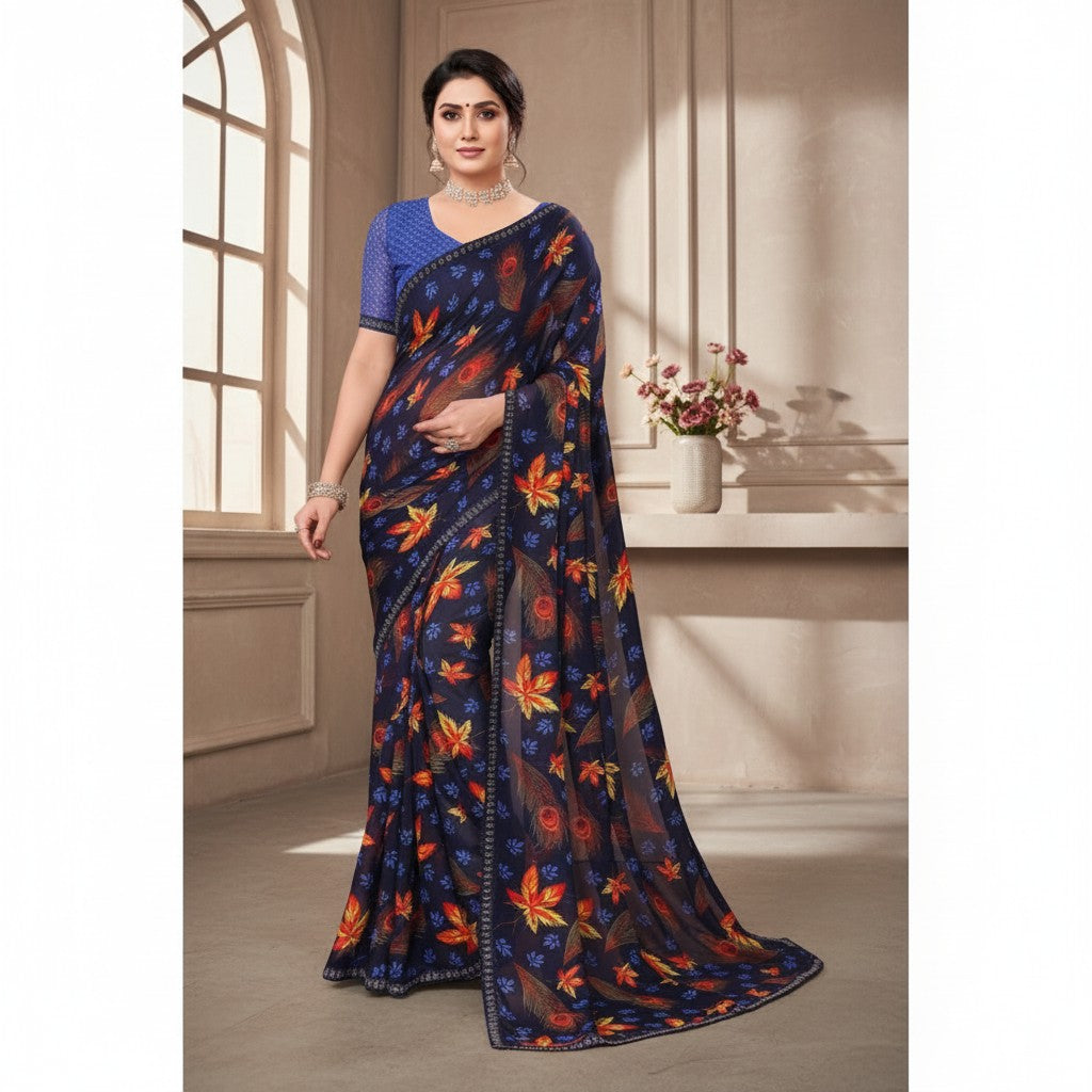Shafusion blue georgette saree featuring a vibrant floral and feather print with an unstitched matching blouse