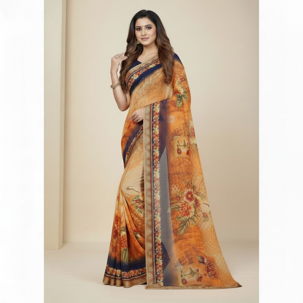 Shafusion blue and orange georgette saree with floral print and decorative border worn by a woman