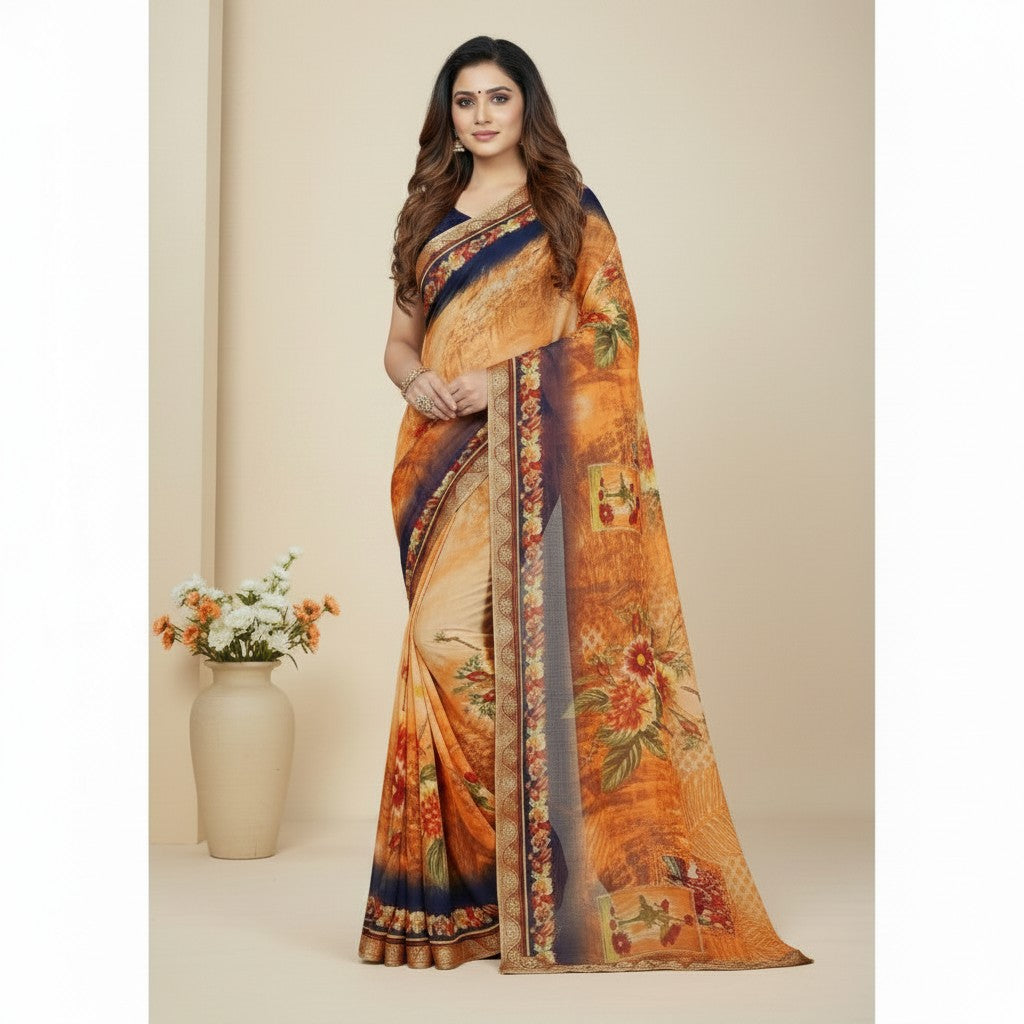Shafusion georgette saree in blue and orange with floral print and decorative border, worn by a model.
