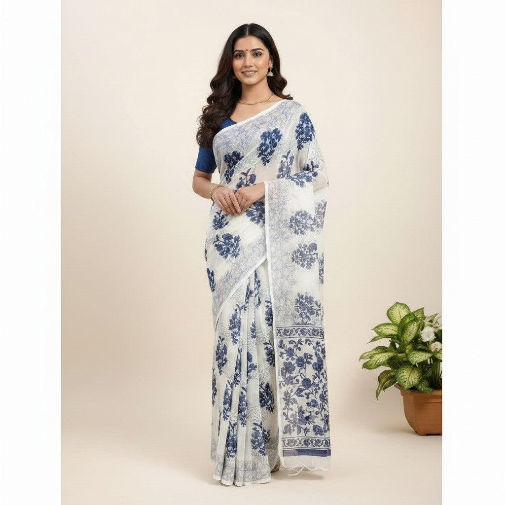 Shafusion blue and white floral printed georgette saree worn by a model with a matching unstitched blouse