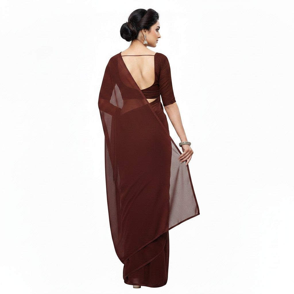 Shafusion coffee brown plain georgette saree with matching blouse worn by a woman, back view.
