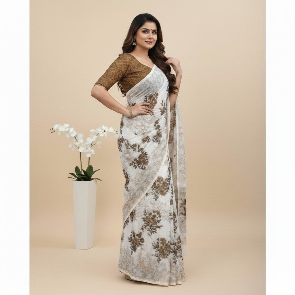 Shafusion coffee and white georgette printed saree with matching unstitched blouse worn by a model