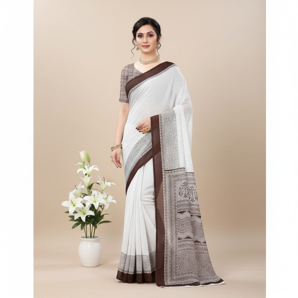 Shafusion coffee and white printed georgette saree with matching unstitched blouse worn by a model