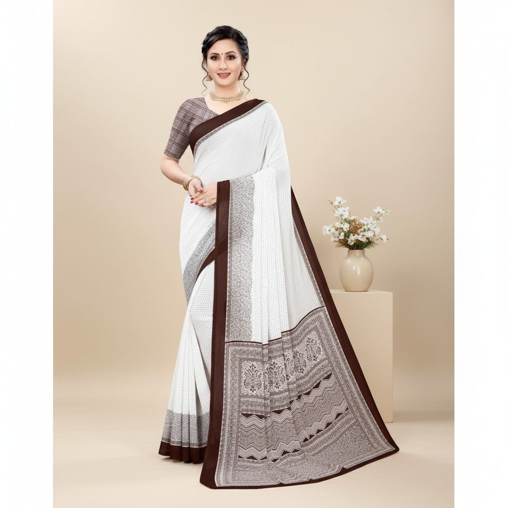 Shafusion coffee and white printed georgette saree with matching unstitched blouse worn by a model