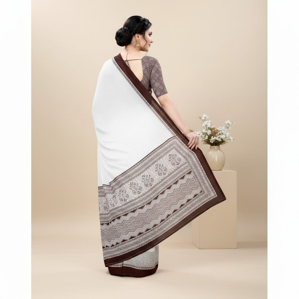 Shafusion coffee and white printed georgette saree with unstitched blouse worn by a model, back view