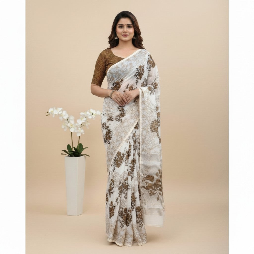 Shafusion coffee and white printed georgette saree with matching unstitched blouse worn by a model