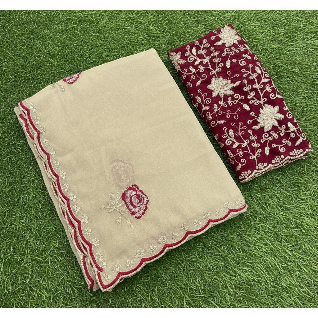 Shafusion cream star georgette saree with maroon floral embroidery and matching unstitched blouse piece on green grass