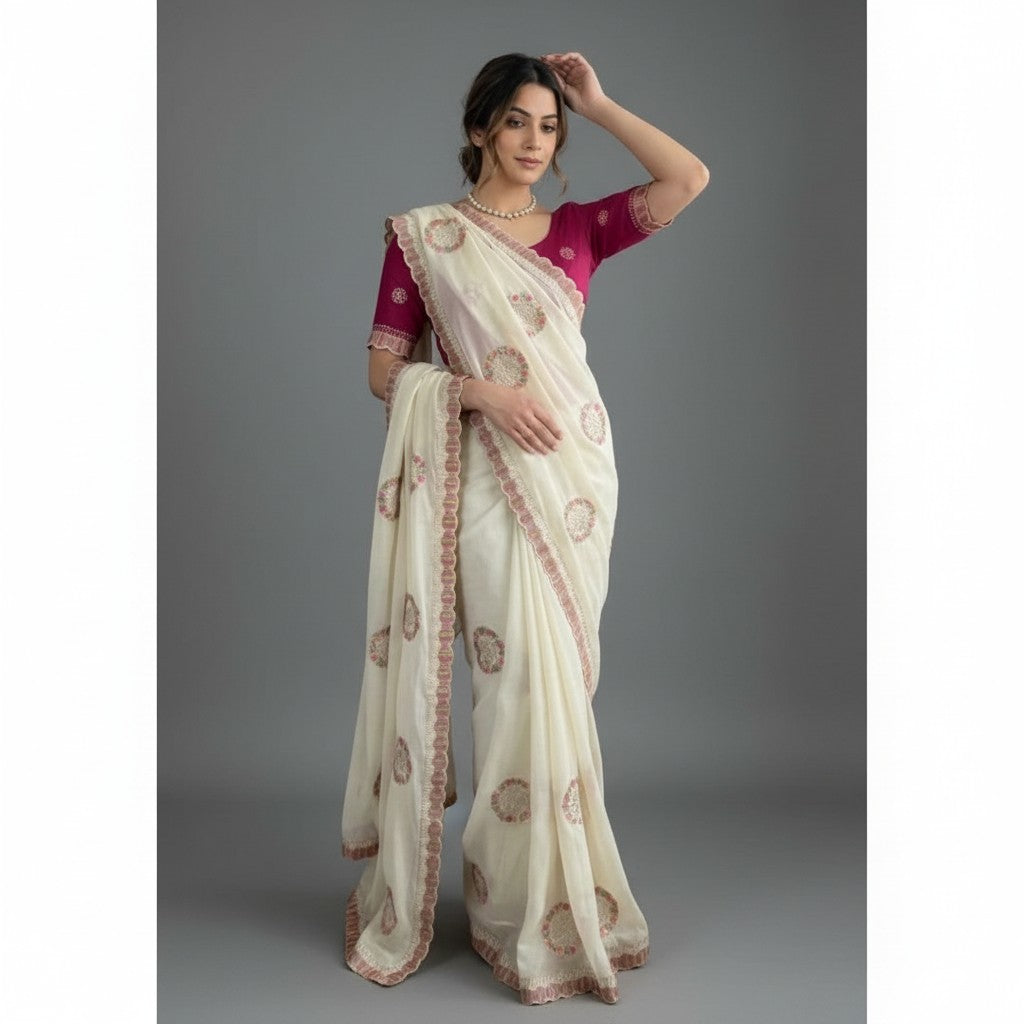 Shafusion cream star georgette saree featuring intricate embroidery and a contrasting magenta unstitched blouse