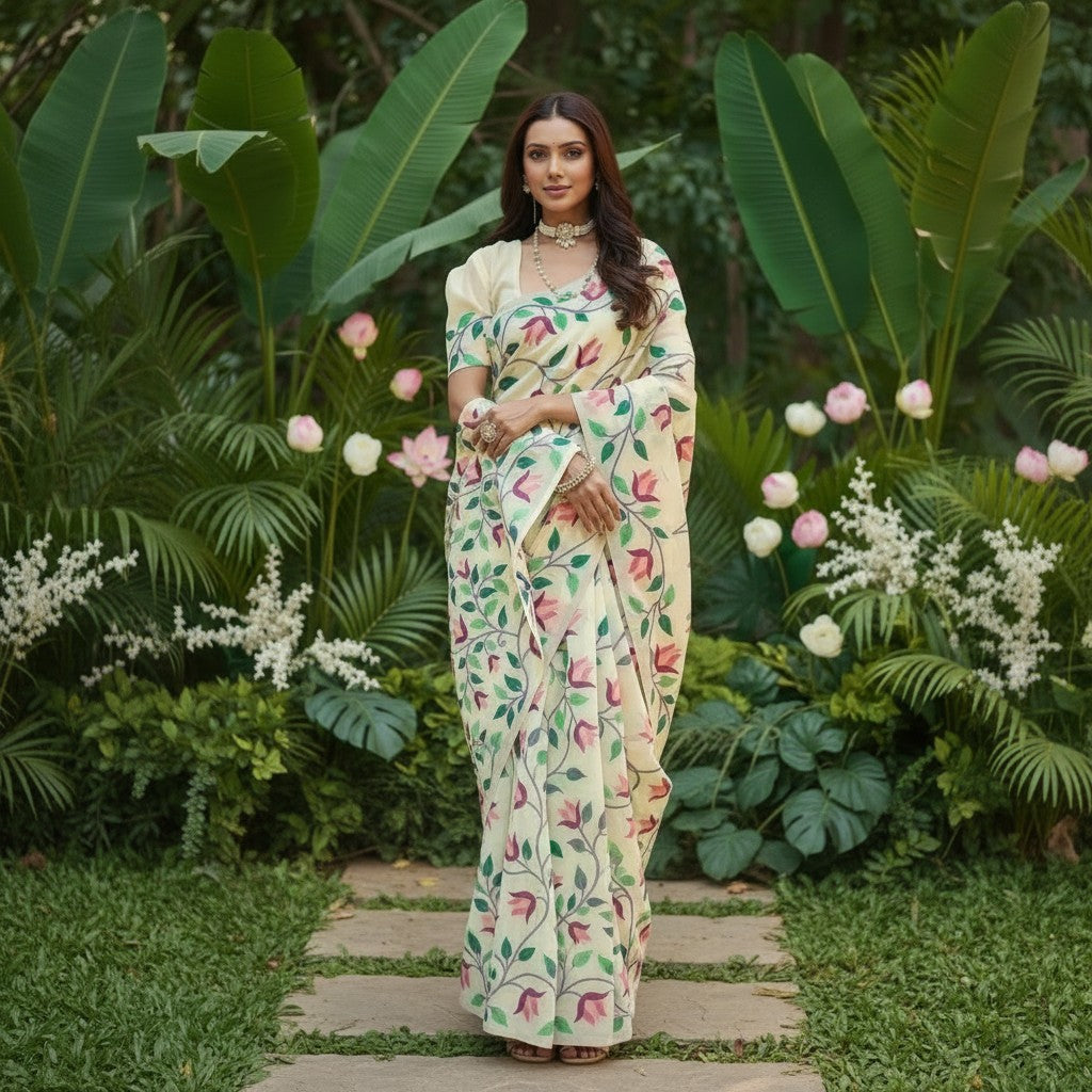 Shafusion cream georgette saree with floral print worn by a woman in a lush garden setting.