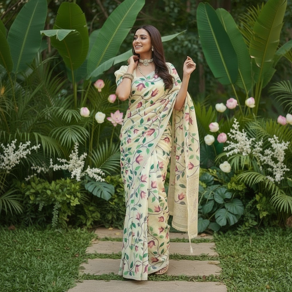 Shafusion cream georgette saree with floral print worn by a woman in a lush garden setting.