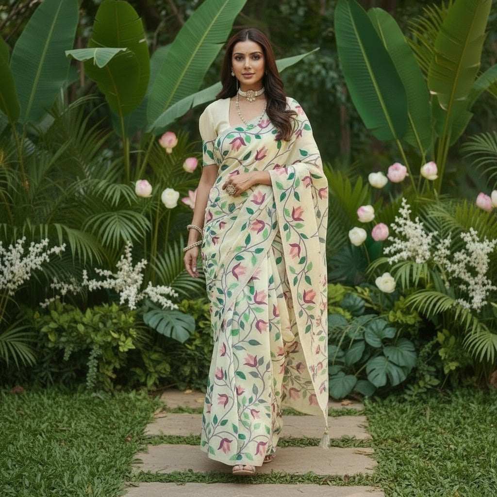 Shafusion cream georgette saree with floral print worn by a woman in a lush garden setting