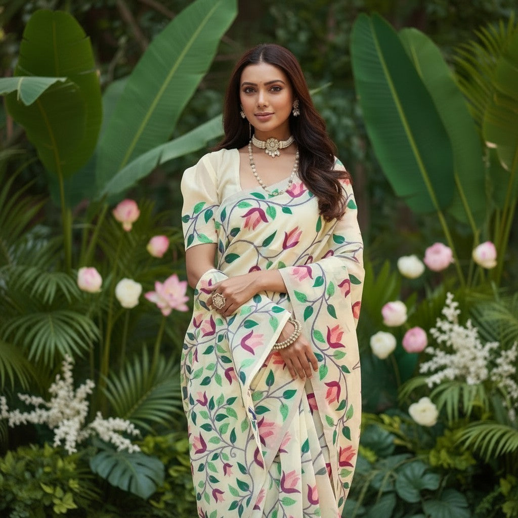 Shafusion cream georgette saree with floral print and unstitched blouse worn by a woman in a lush garden setting