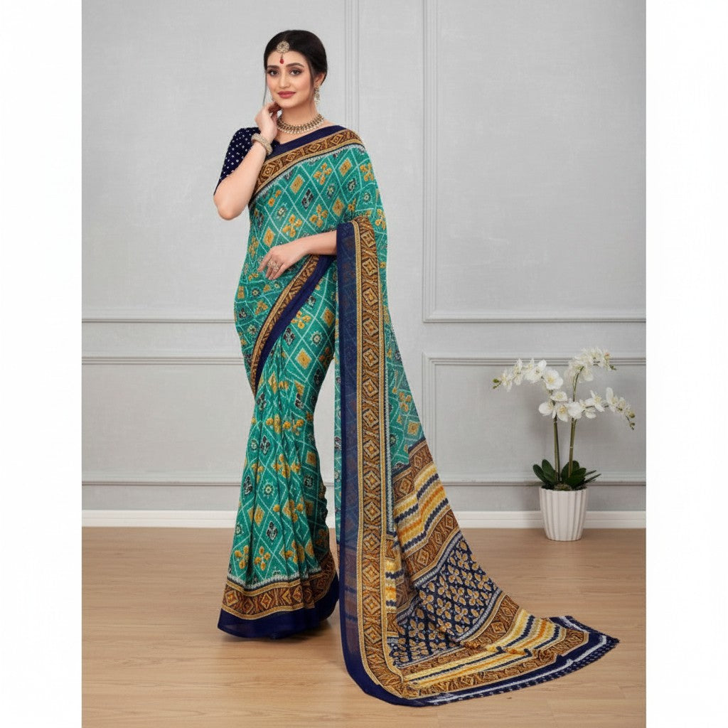 Shafusion dark green georgette saree with floral print and navy blue border worn by a model in a studio setting