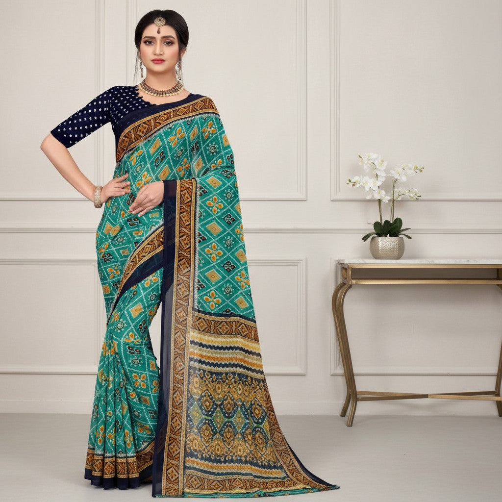 Shafusion dark green georgette saree with floral print and navy blue unstitched blouse worn by a model