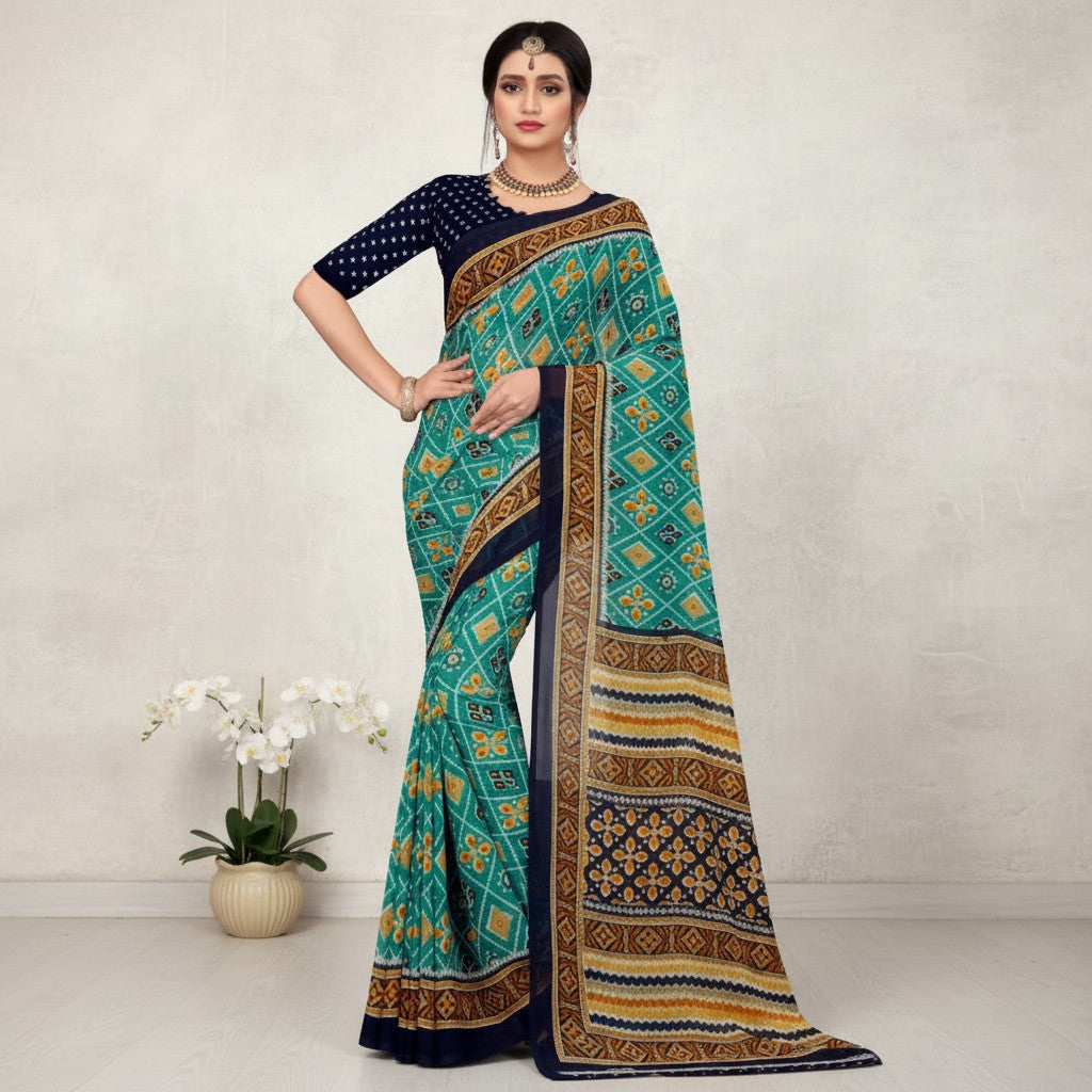 Shafusion dark green georgette saree with floral print and unstitched blouse worn by a model in a studio setting