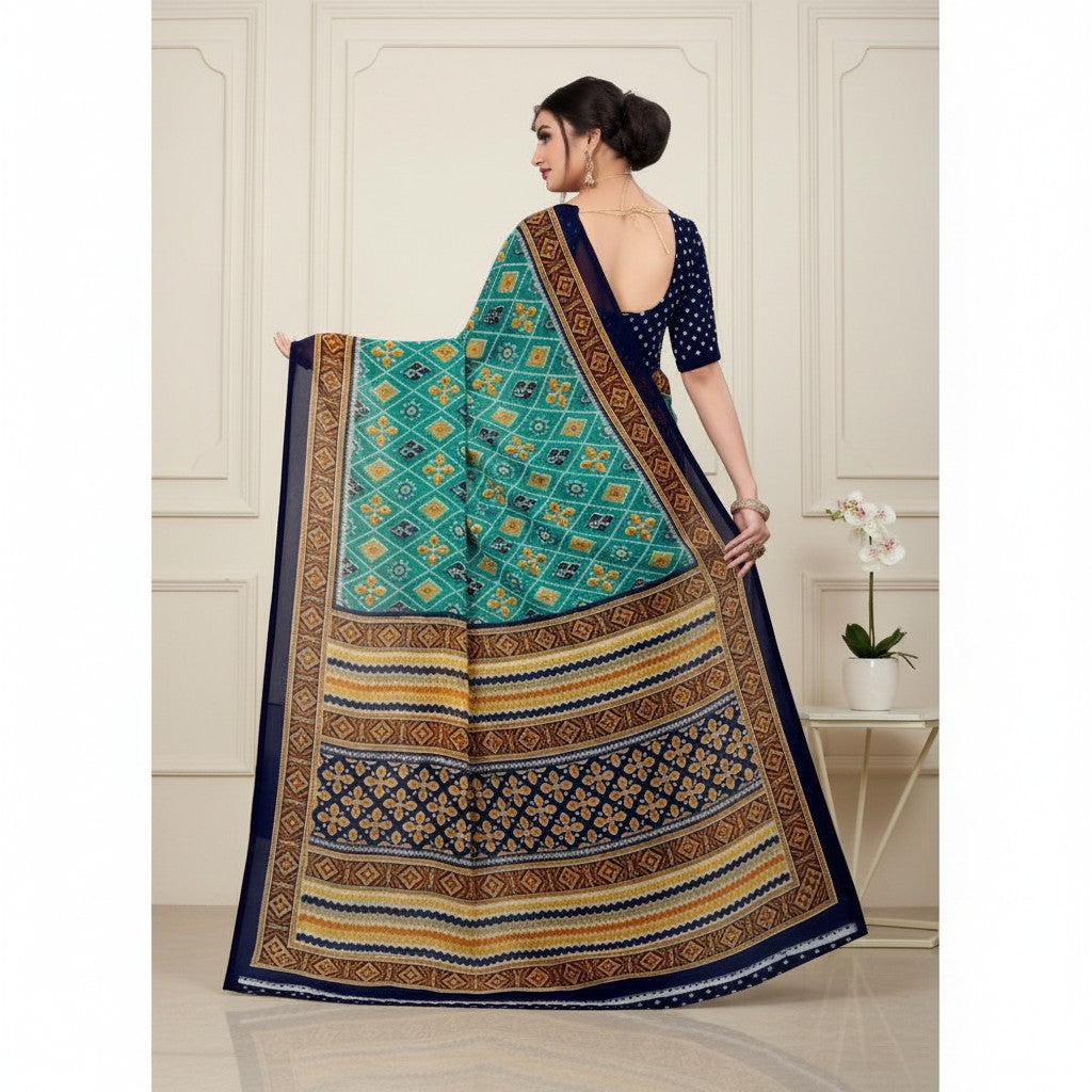 Shafusion dark green georgette saree with floral and geometric print, worn by a model from the back view.