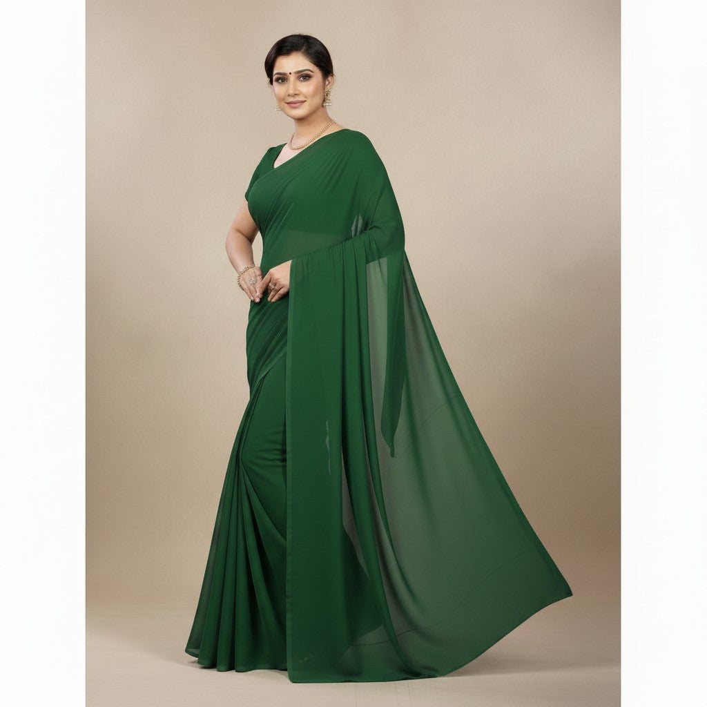 Shafusion dark green plain georgette saree worn by a model, suitable for casual and festive occasions.