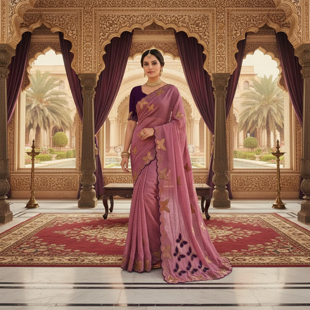 Shafusion dusty purple-blue star georgette saree with intricate gold embellishments and unstitched blouse