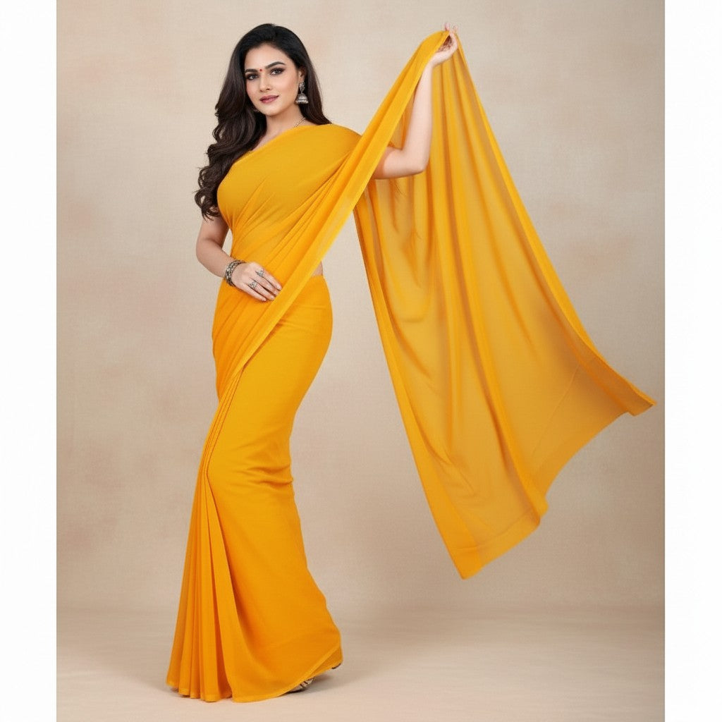Shafusion gold georgette plain saree worn by a woman, featuring a flowing drape for casual and festive occasions.